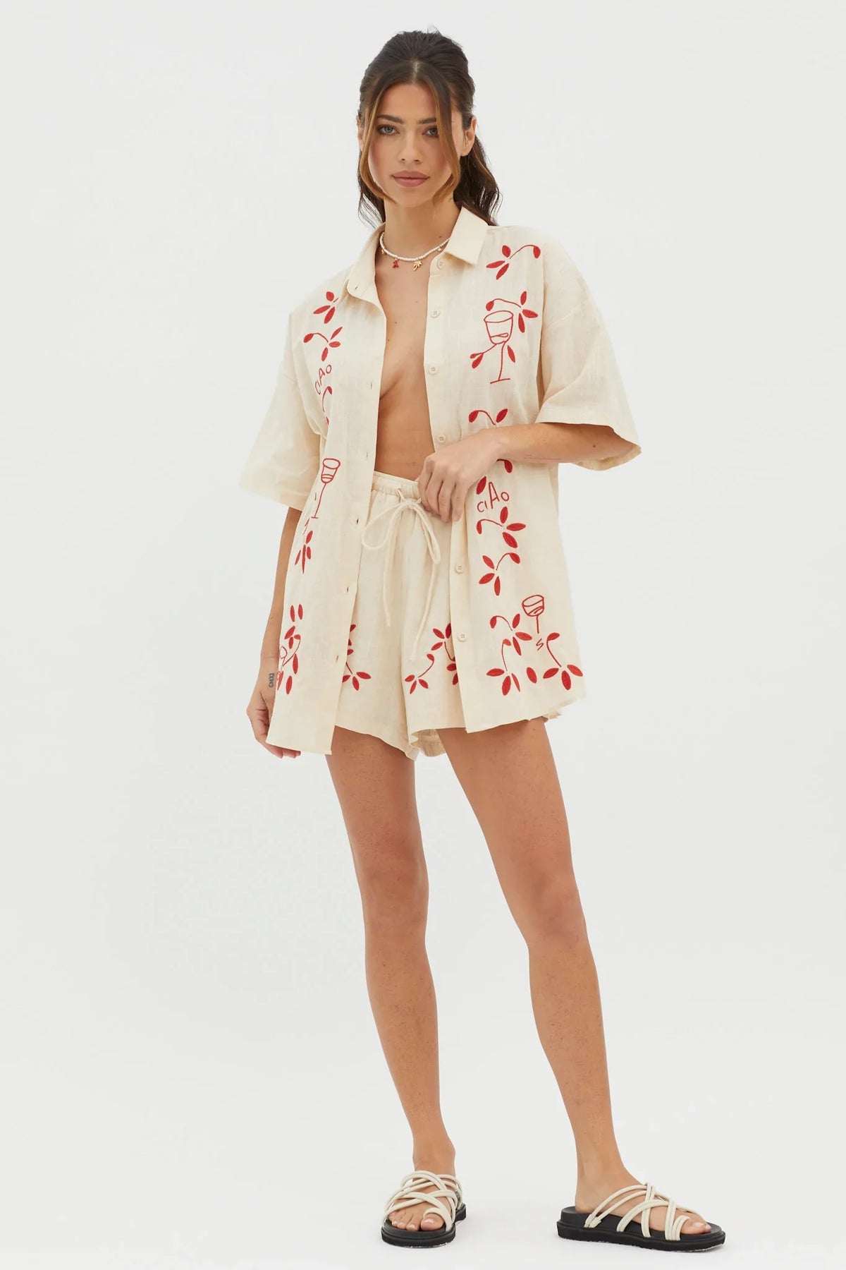 Ciao Ciao Embroidered Button-Up Shirt Oat