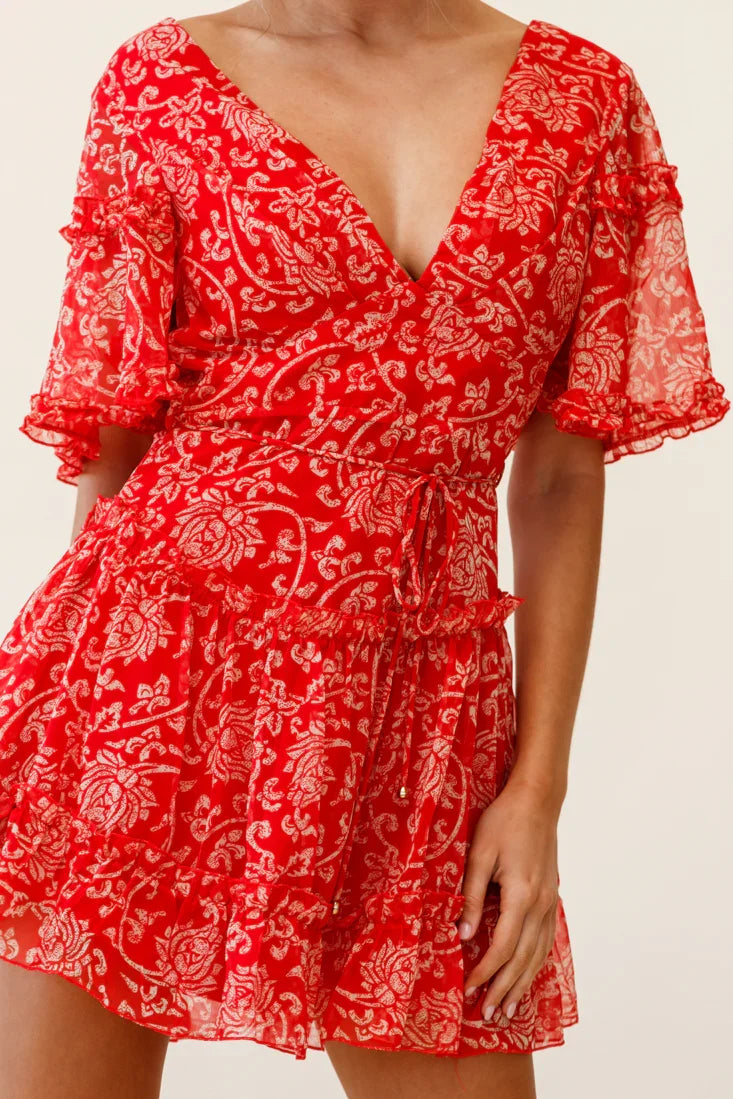 Psalm Angel Sleeve Frill Dress Floral Stencil Print Red