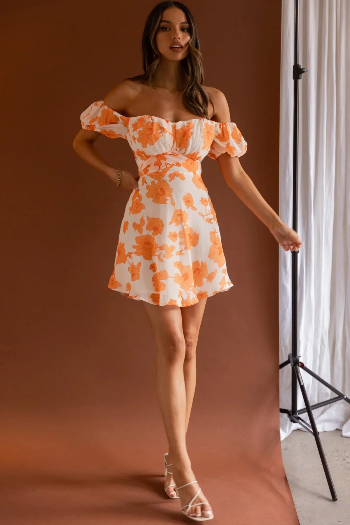 Linka Puff Sleeve Waist Tie Dress Floral Orange