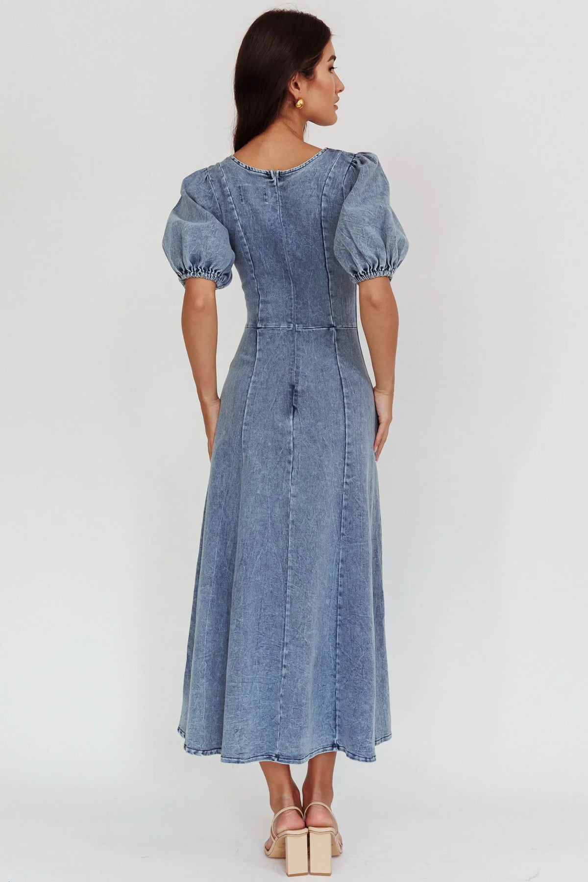 Morgane Puff Sleeve V-Neck Midi Dress Light Denim Blue