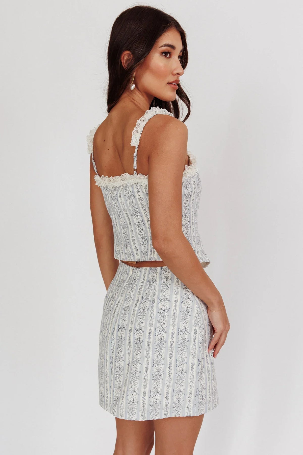 Palmas Hook & Eye Lace Trim Top Floral Blue