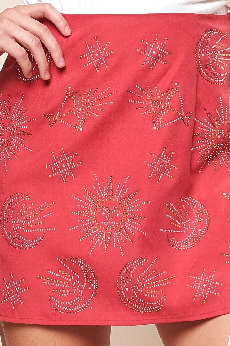 Mari Astrology Embellishment Mini Skirt Red