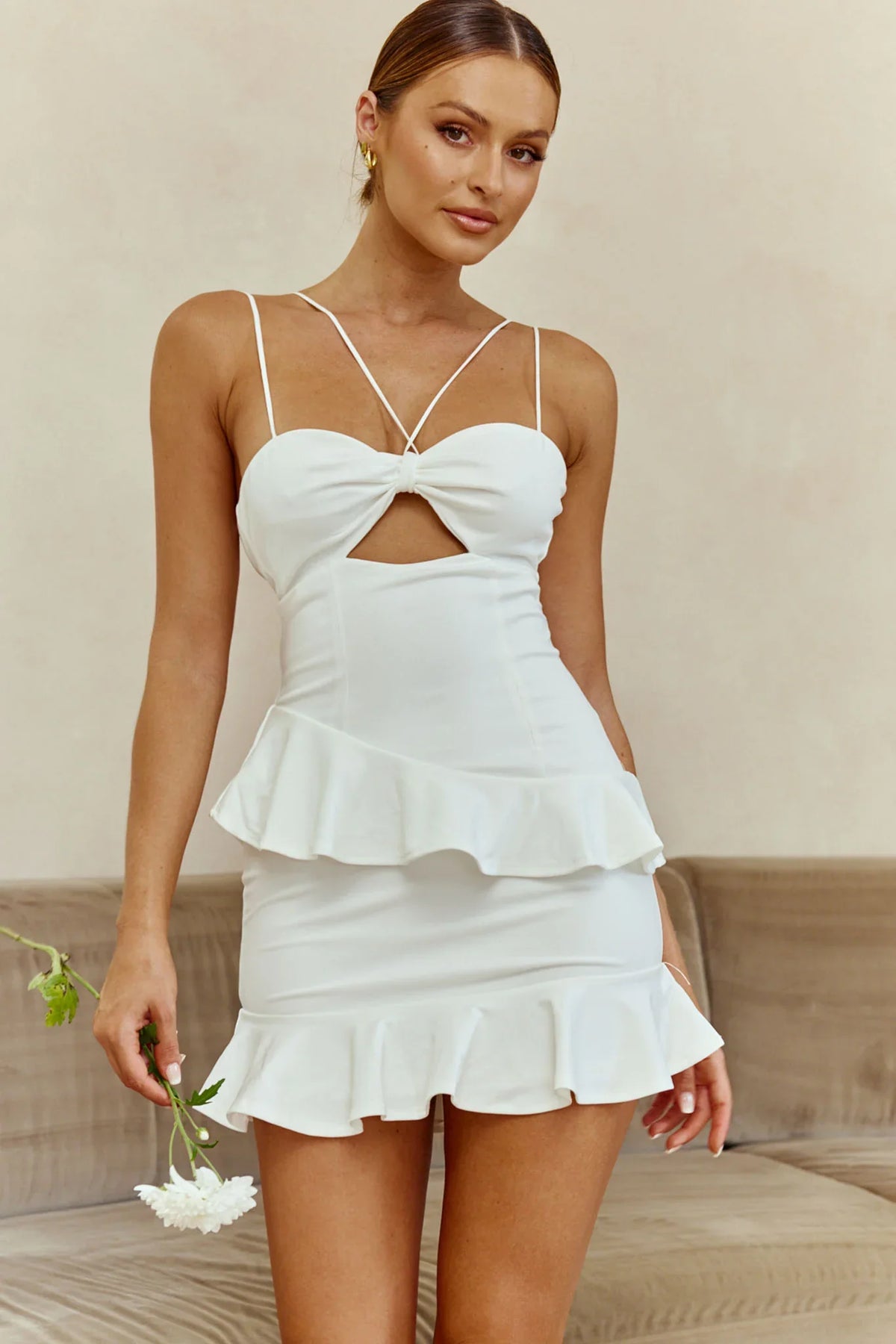 Moment Of Truth String-Tie Ruffle Trim Mini Dress White