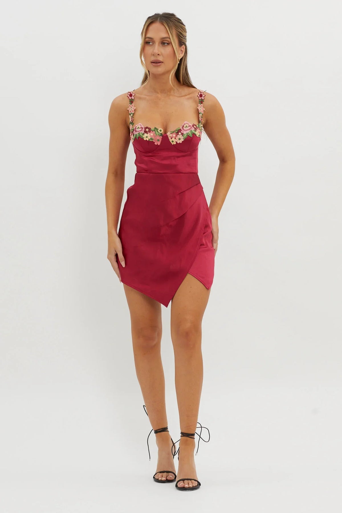 Rose Garden Floral Applique Wrap Mini Dress Merlot