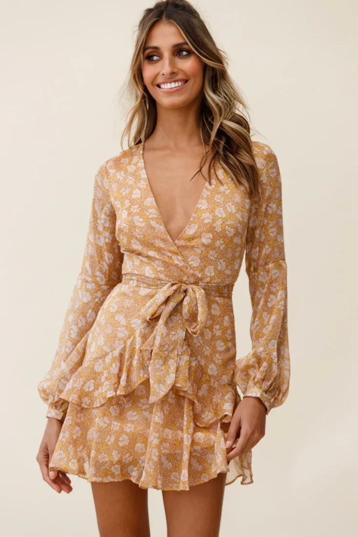 Kerry Layered Balloon Sleeve Dress Floral Print Mustard