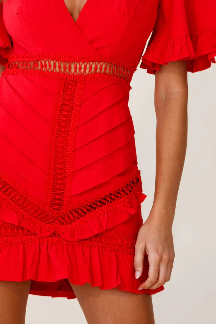 Walk This Way Short Sleeve Ruffle Detail Dress Red