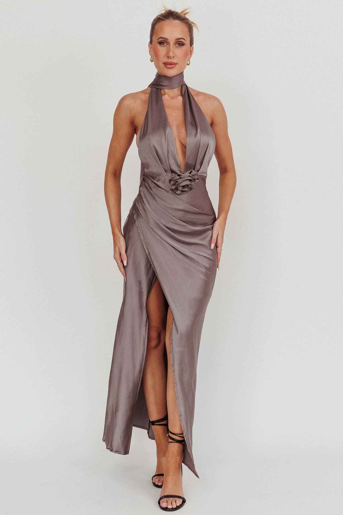 Italia Azure Halterneck Rosette Maxi Dress Grey