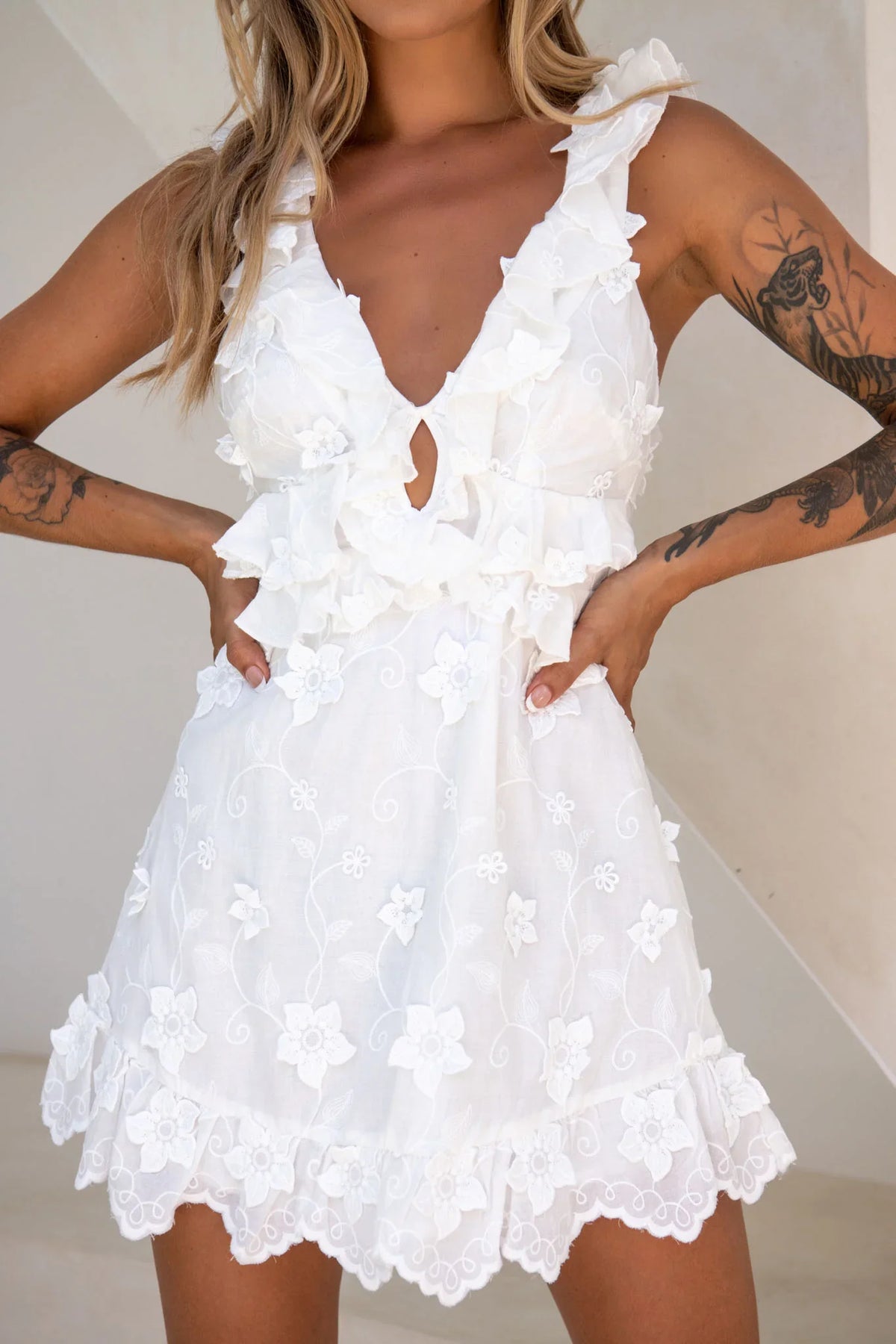 Day Star Floral Lace Embellished Open Back Dress White