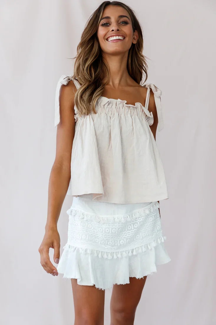 Elexa Crochet Applique Raw Hem Skirt White
