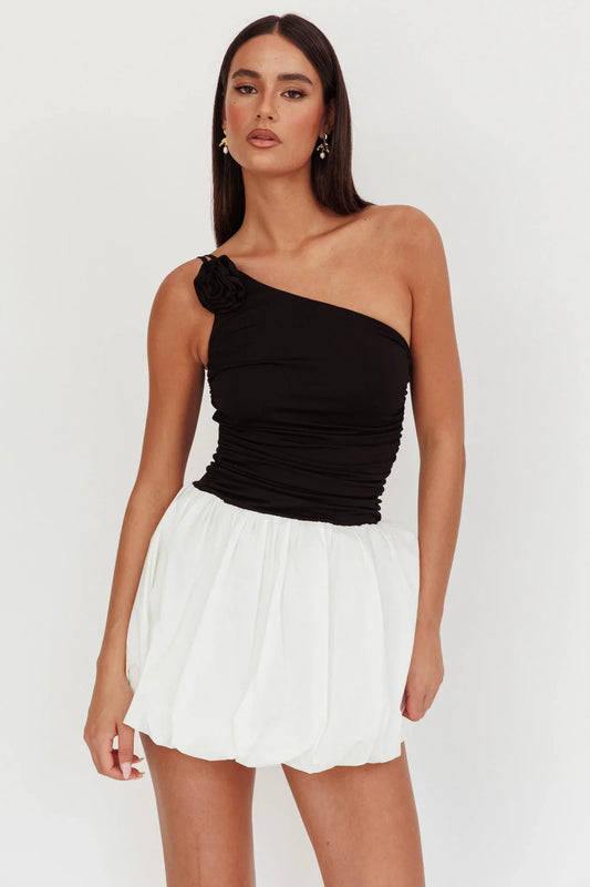 Corinthia One-Shoulder Bubble Mini Dress Black/White