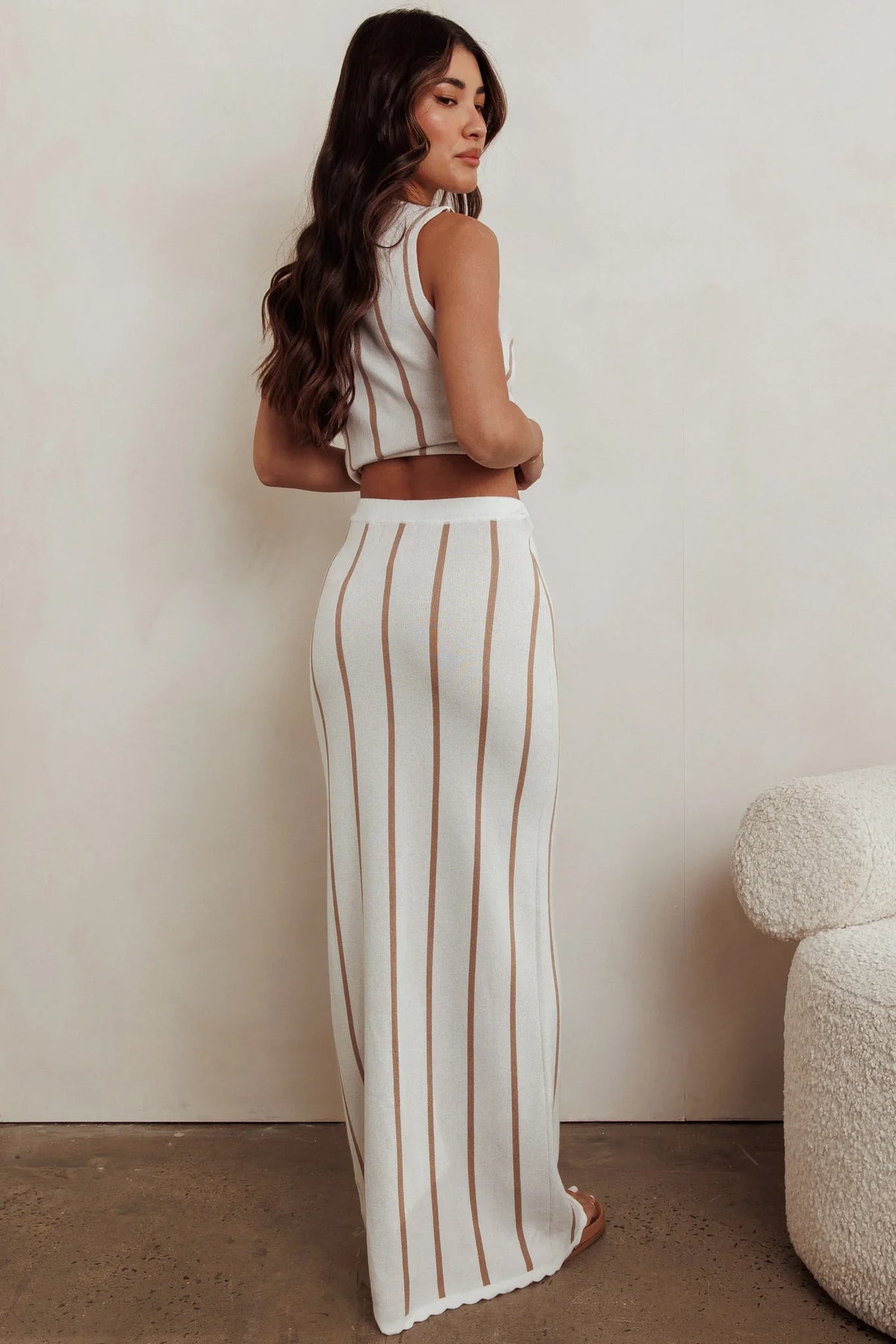 Aster Striped Maxi Knit Skirt Beige