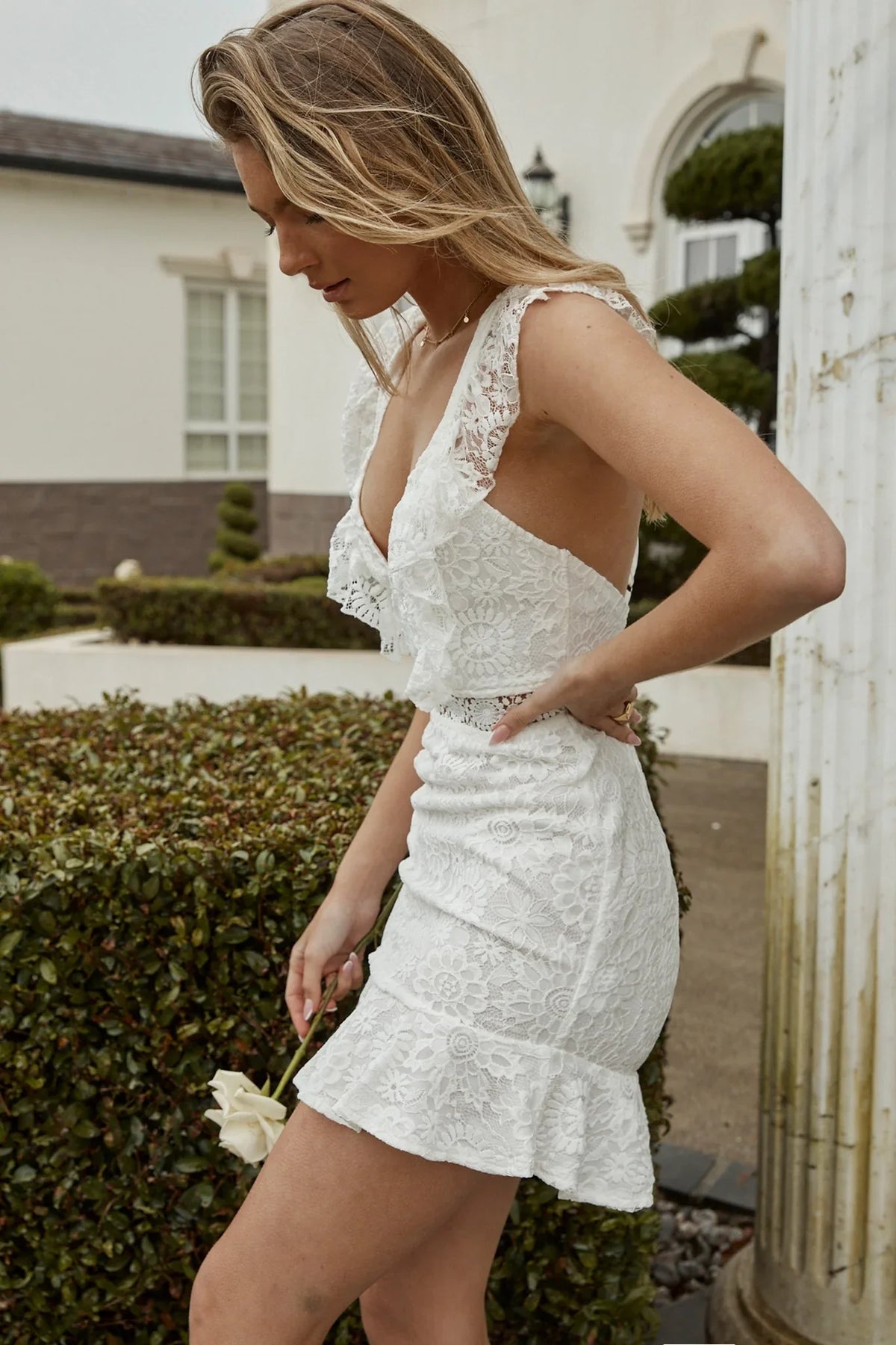 Short Story Ruffle Strap Criss-Cross Back Dress Floral Lace White