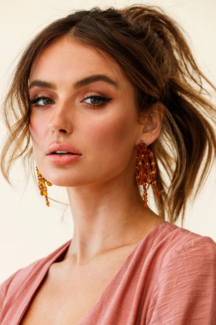 Flora Beaded Bow Earrings Tan