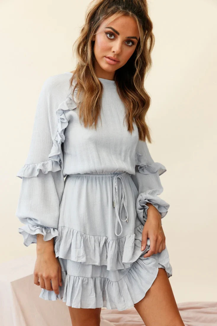 Best Wishes Long Sleeve Frill Detail Dress Grey