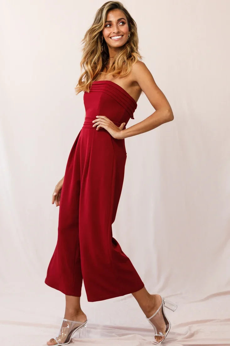 Chosen Strapless Wide Leg Jumpsuit Wine