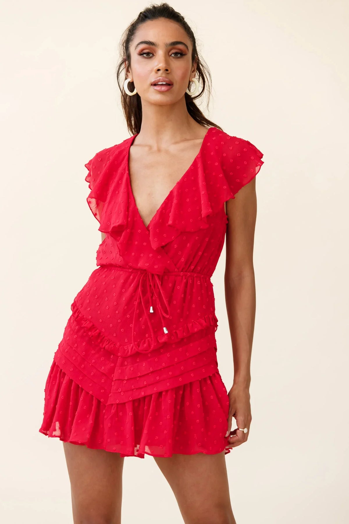Willah Pintuck And Frill Detail Drawstring Dress Red Textured