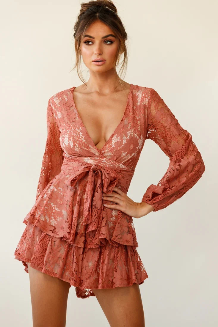 Maddox Fit & Flare Long Sleeve Romper Floral Lace Rose