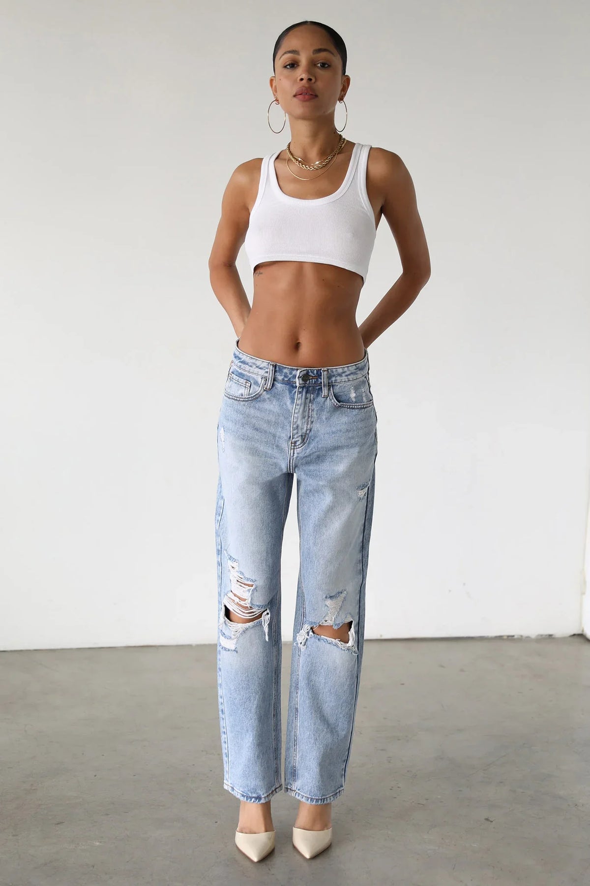 DOGMA High Rise Straight Leg Denim Jeans Distressed Light Wash