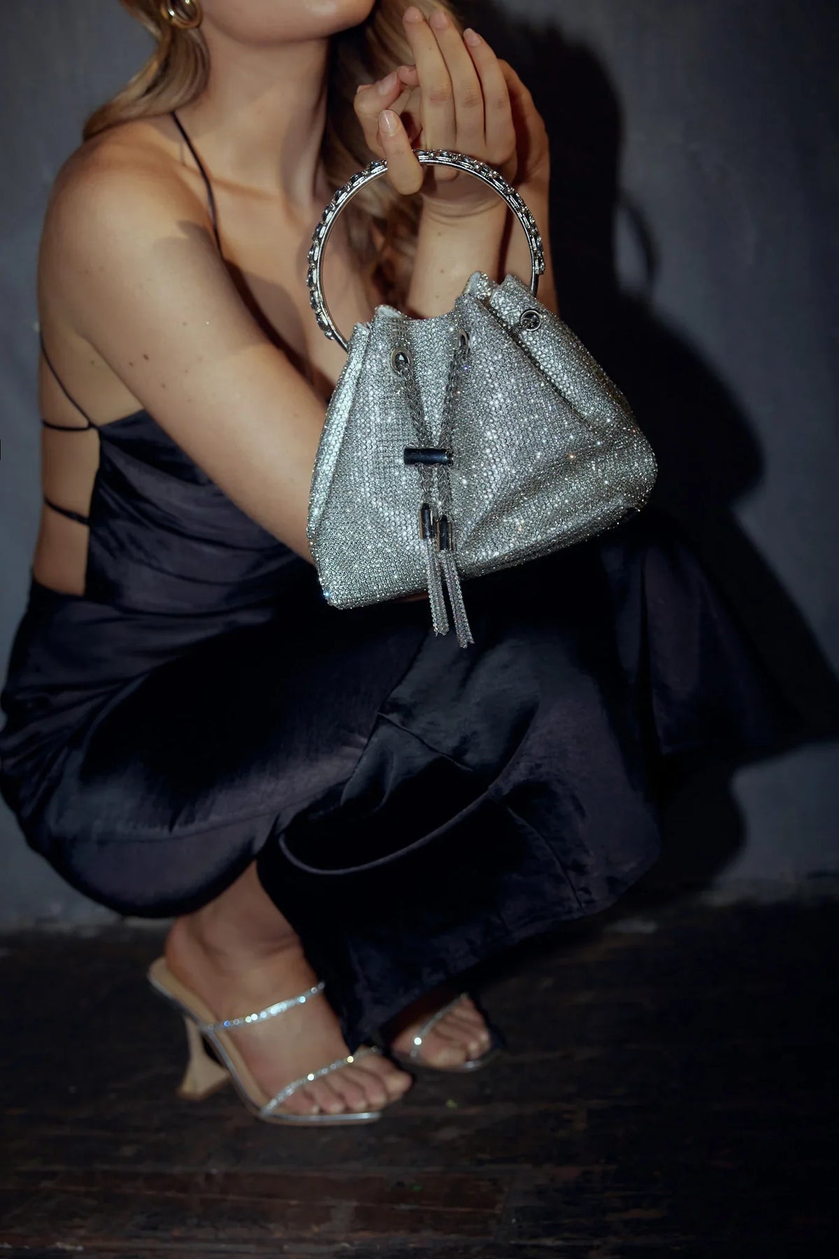 Hannah Diamante Bucket Bag Silver