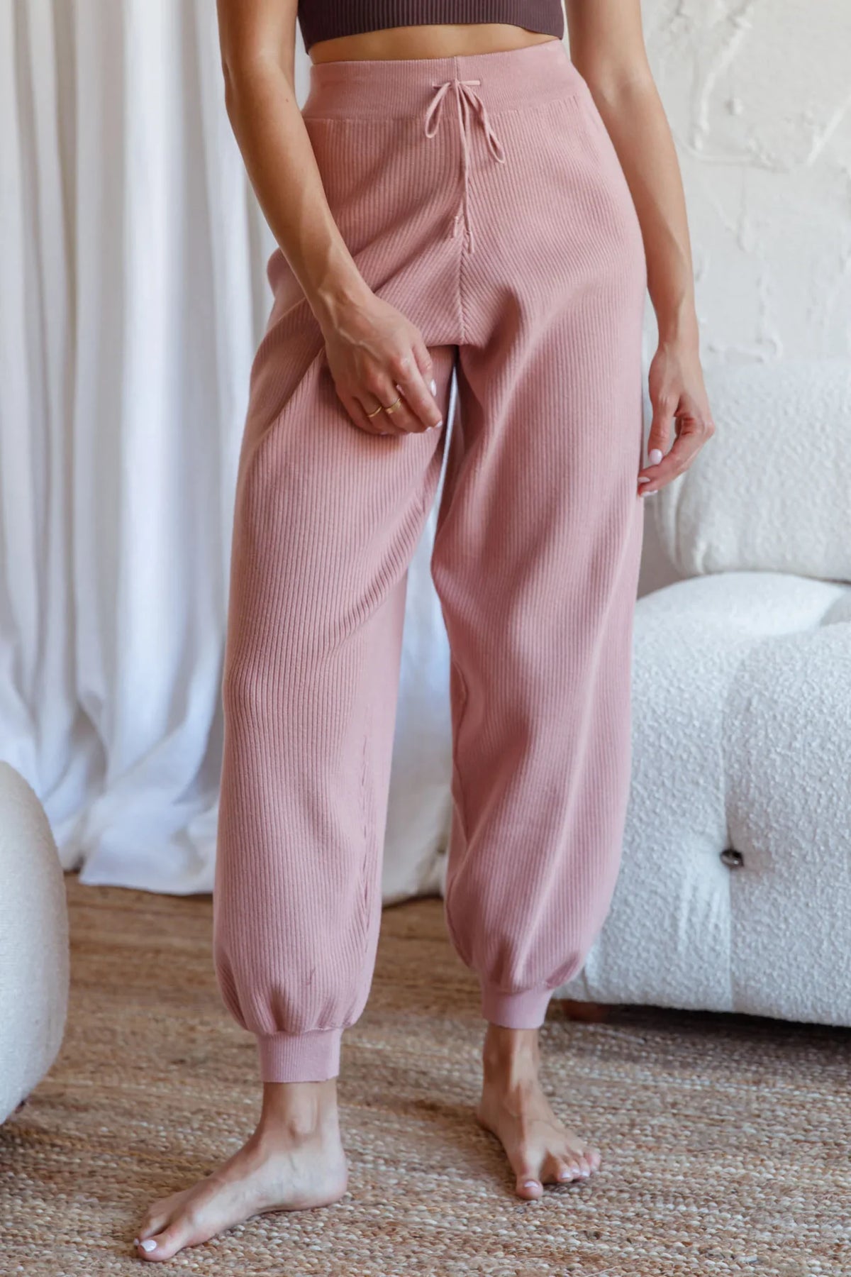 New Soul Drawstring Ribbed Knit Jogger Pants Blush