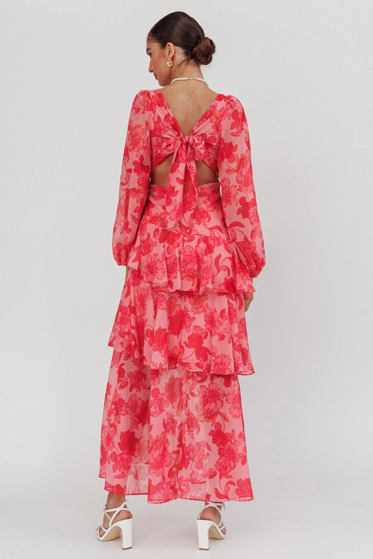 Veda Long Sleeve Floral Tiered Ruffle Maxi Dress Pink