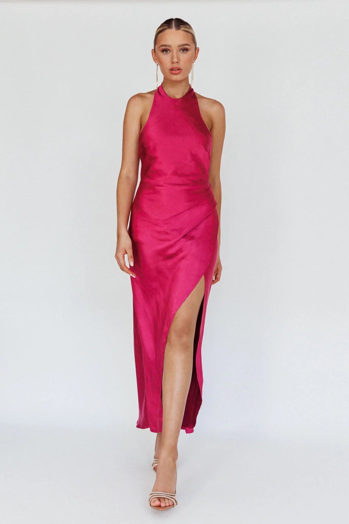 Sonoma Halterneck Faux Wrap Twist Back Maxi Dress Fuchsia