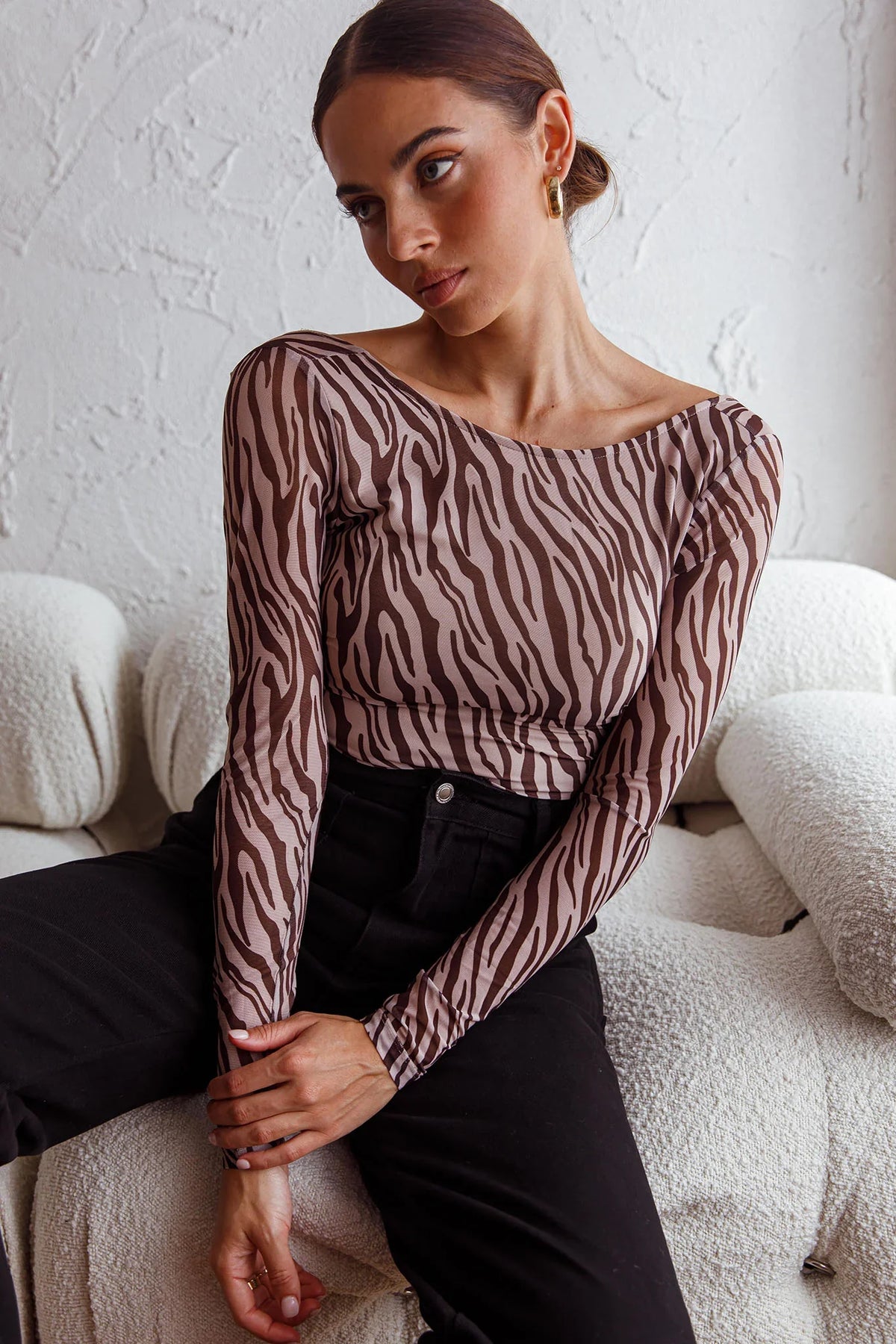Juni Long Sleeve Low Back Mesh Bodysuit Tiger Print