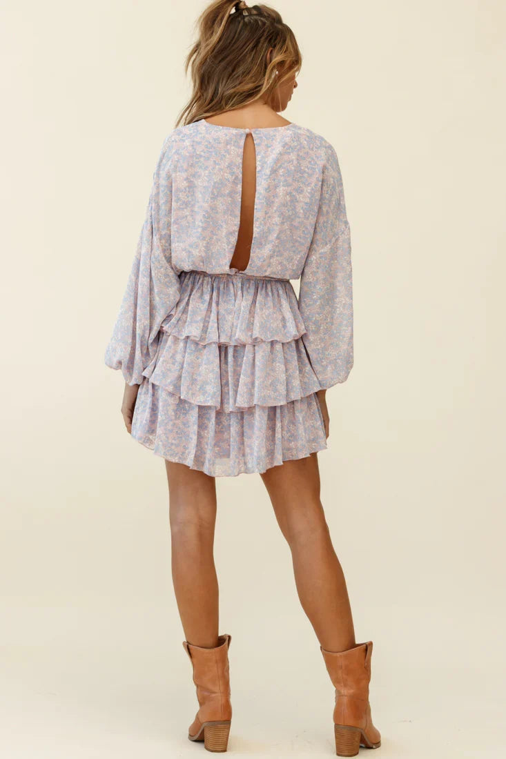Odessa Long Sleeve Layered Ruffle Dress Flower Pattern Pink