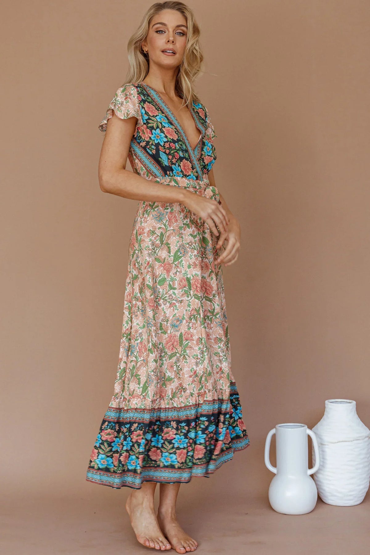 Mayan Angel Sleeve Wrap Midi Dress Floral Nude