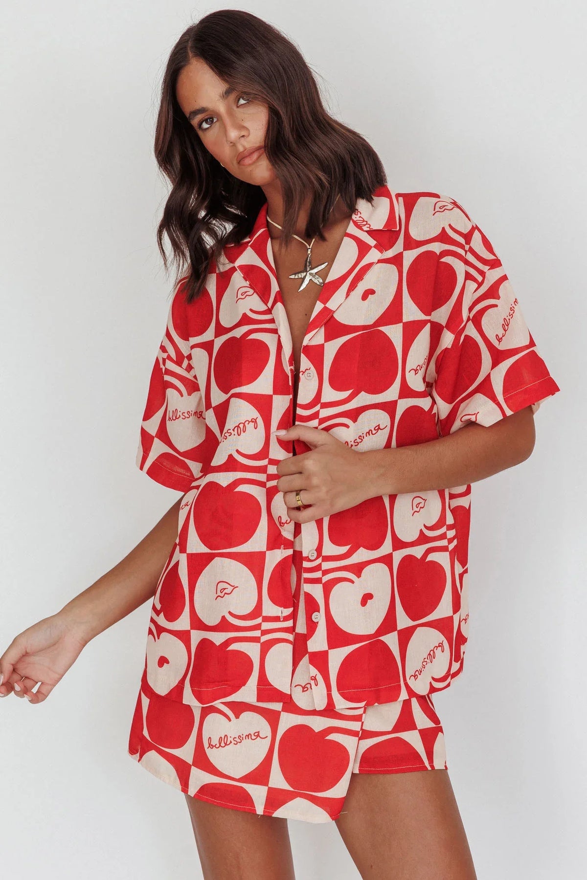 Ithaca Cherry Print Short Sleeve Shirt Red Beige