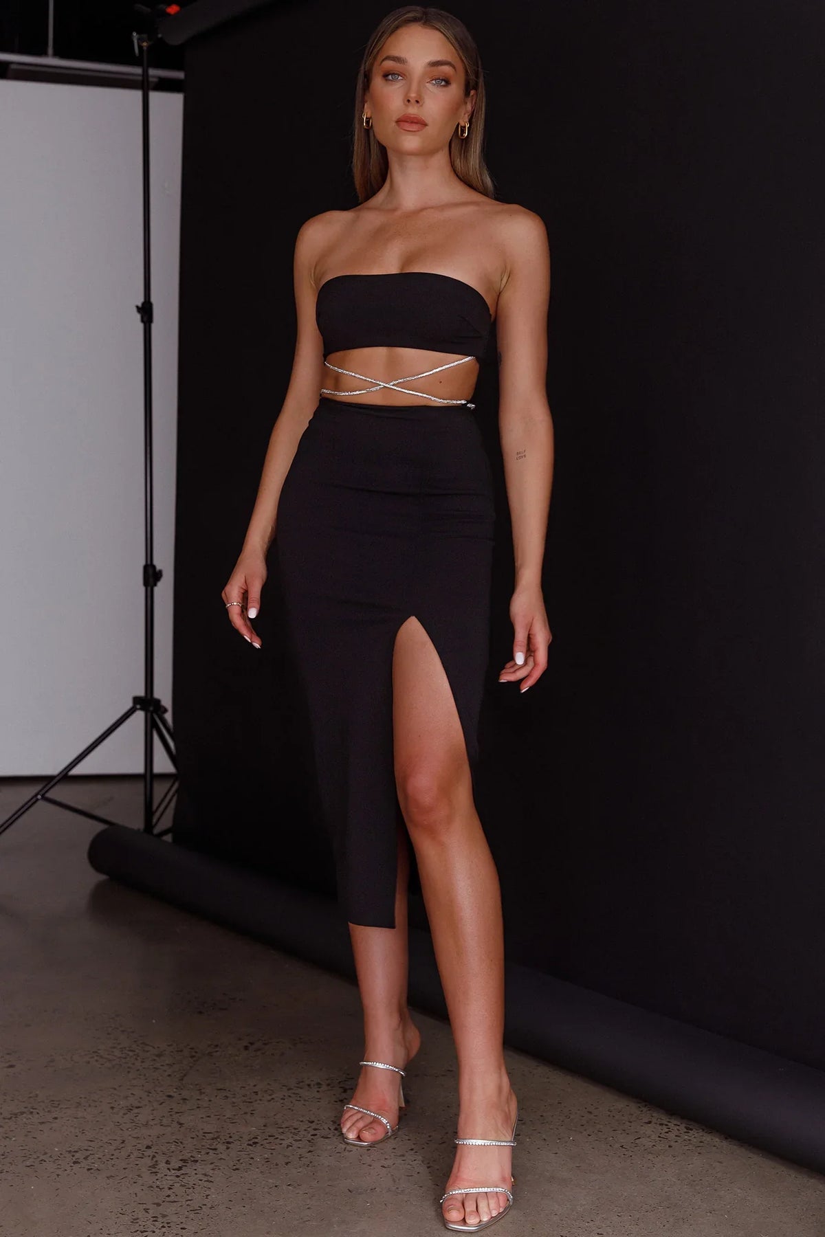 Nohemi Strapless Diamante Midi Dress Black