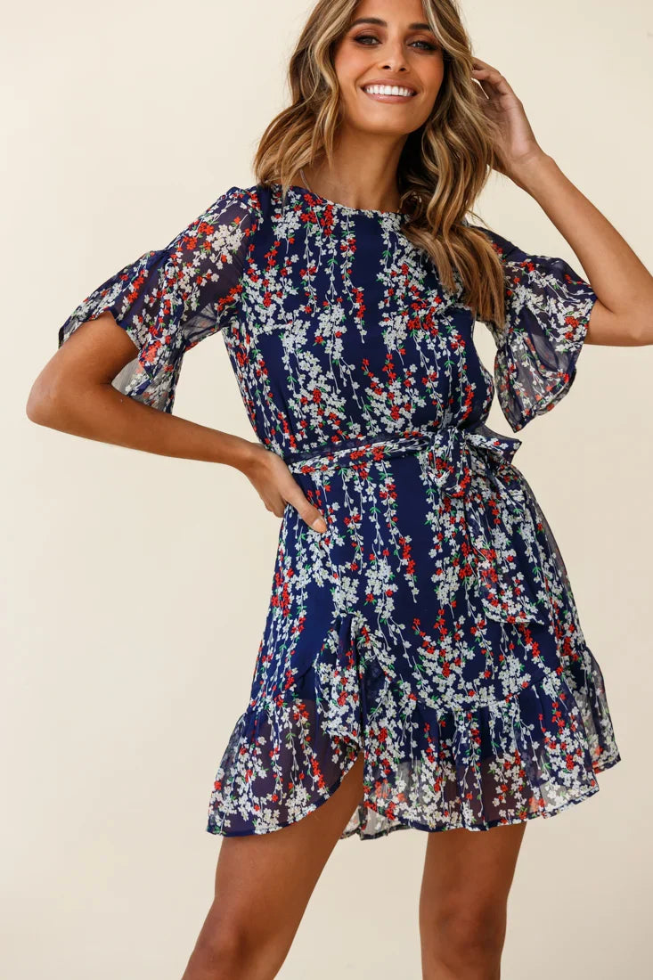 Azealia Ruffle Hem Dress Floral Print Navy