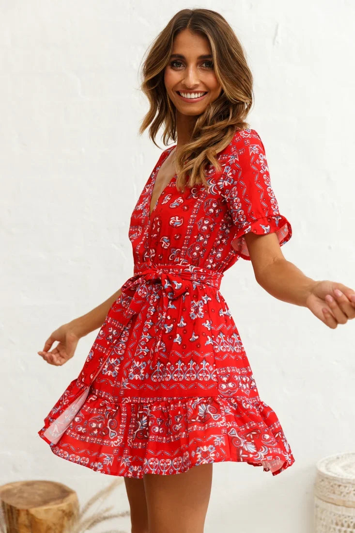 Rubi V-Neckline Wrap Dress Pattern Print Red