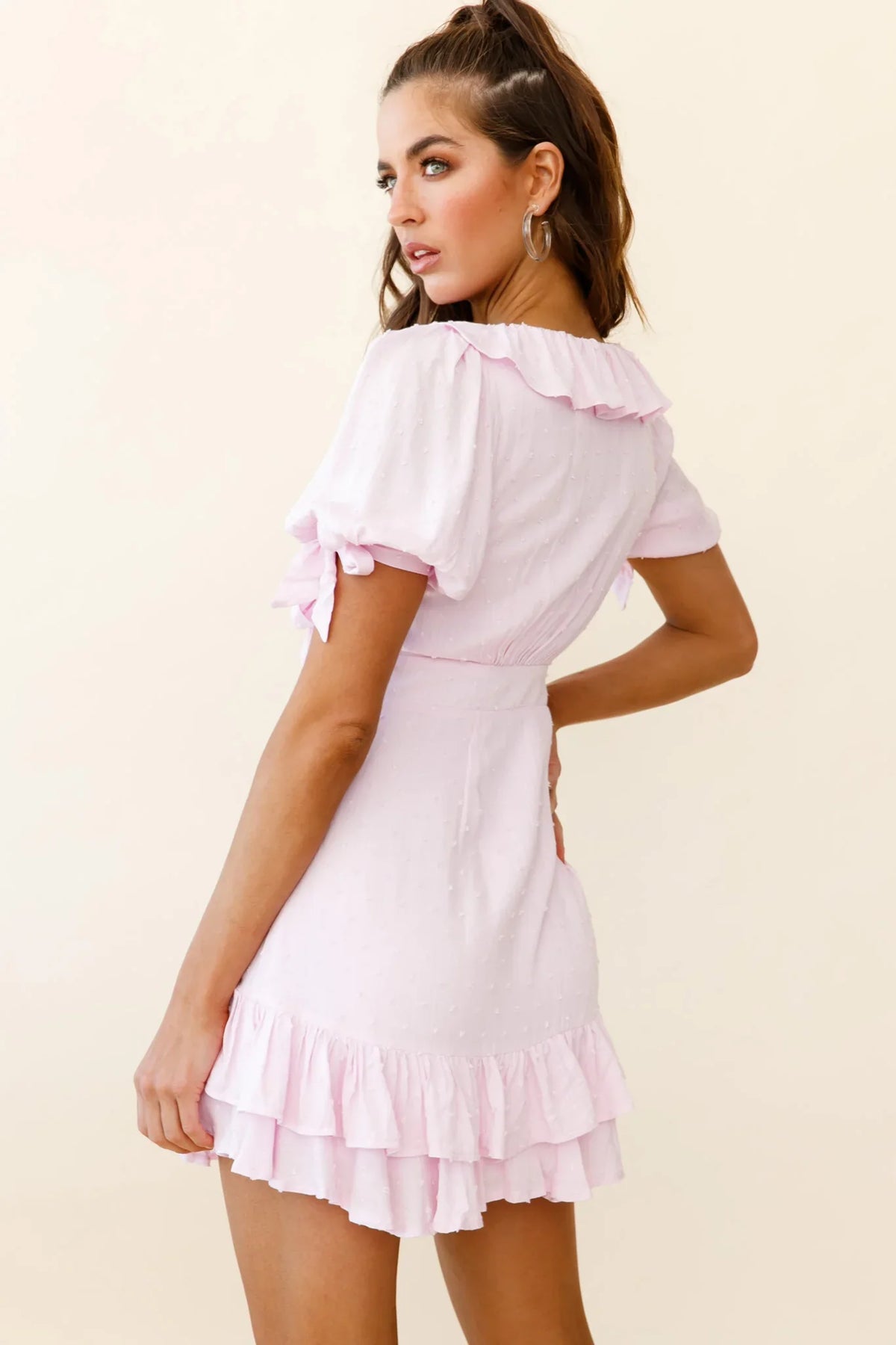 Emery Tied Bust Puff Sleeve Ruffle Dress Baby Pink