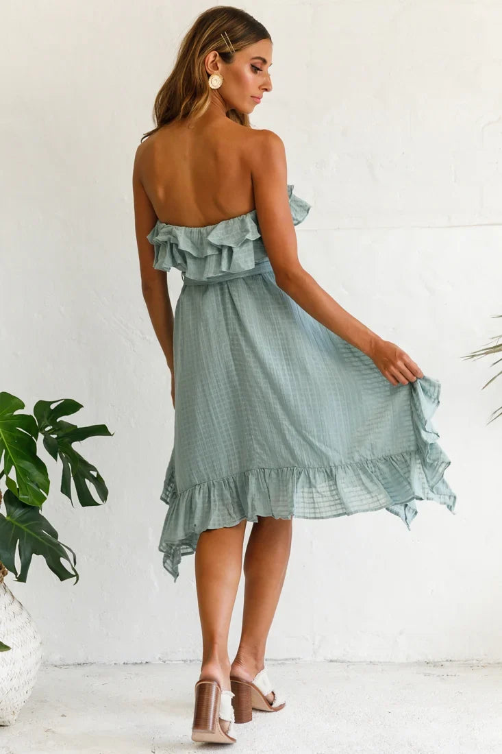 Miffy Double Frill Strapless Midi Dress Sage