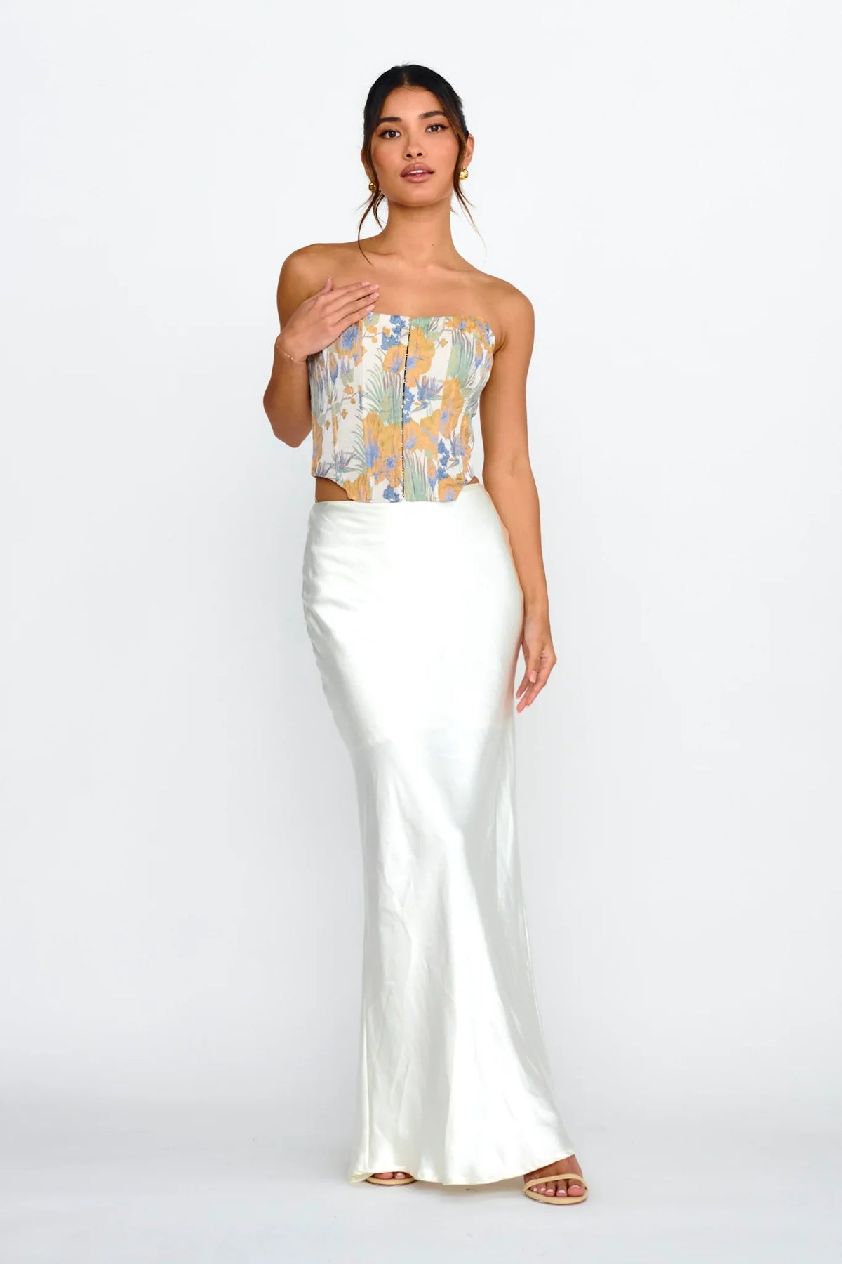 First Date Feels Corset Crop Top Floral Tan