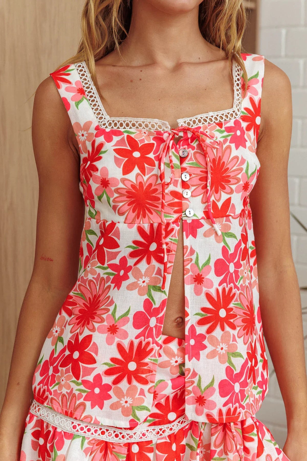 Always Together Button Bust Top Floral Pink