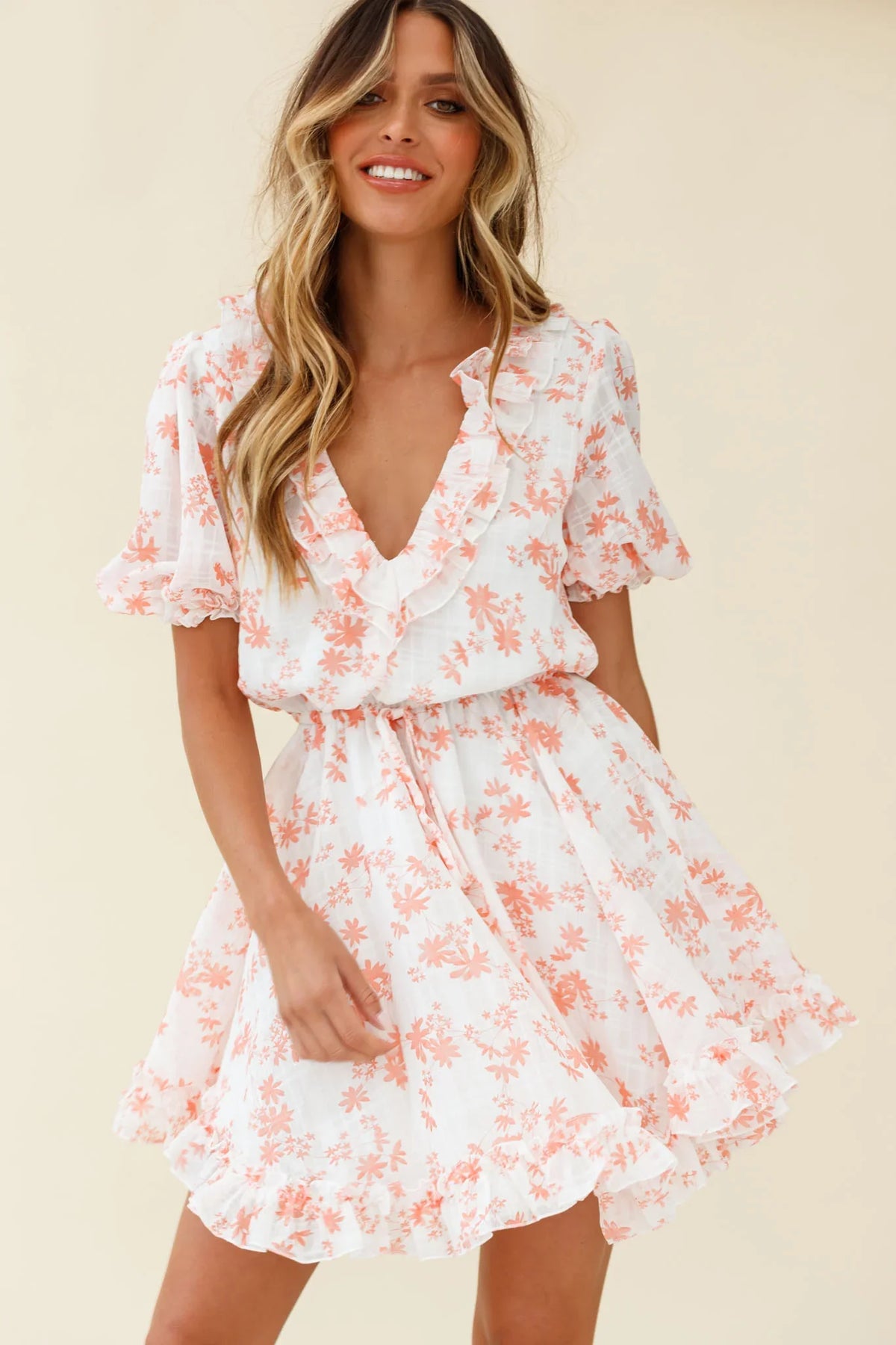 Brianna Puff Sleeve Drawstring Waist Dress Floral Print Pink