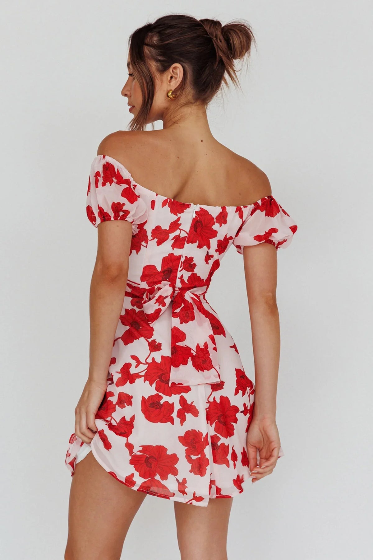 Linka Puff Sleeve Waist Tie Dress Floral Red