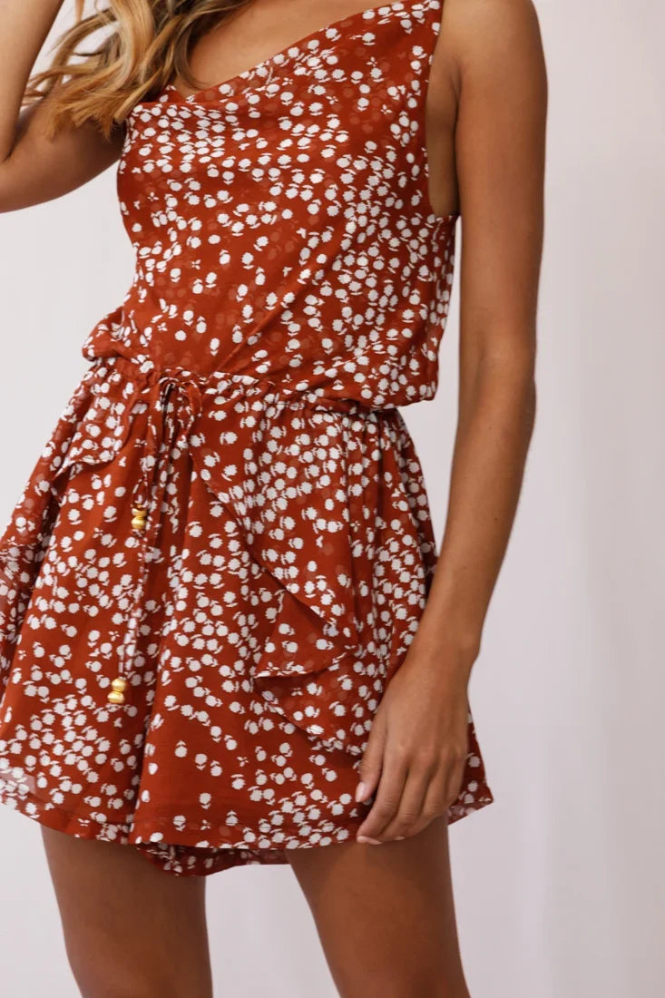 Newport Cowl Neck Drawstring Waist Floral Print Romper Rust