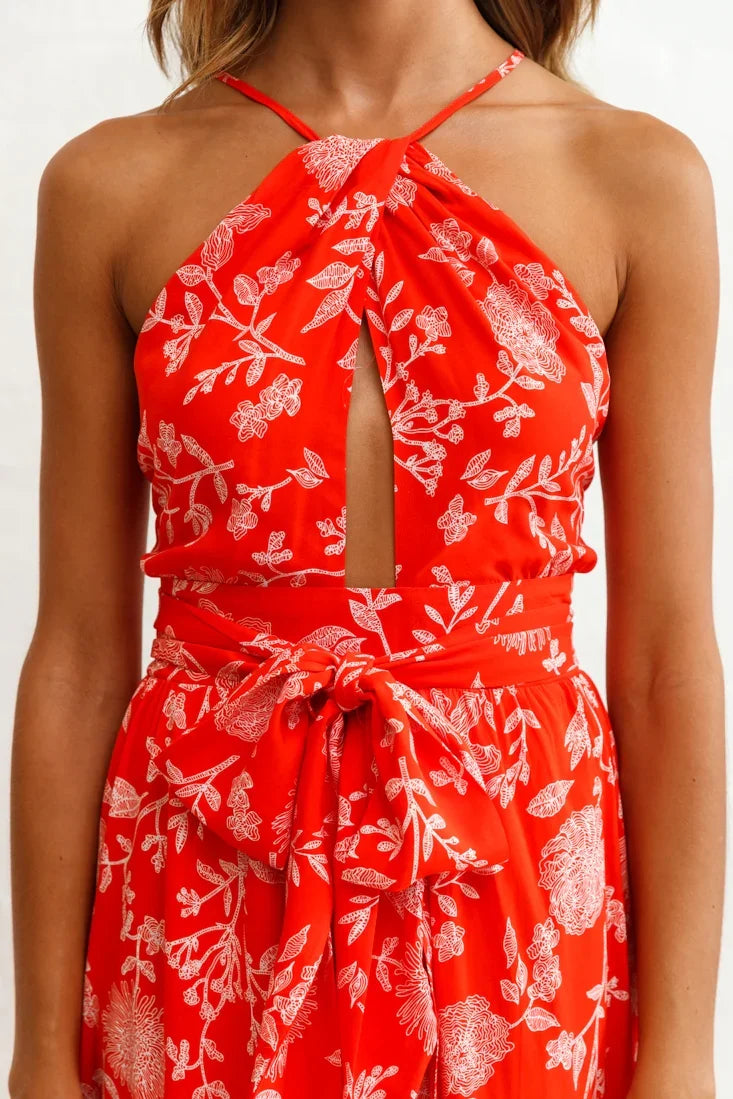 Athena High Split Maxi Dress Floral Print Red