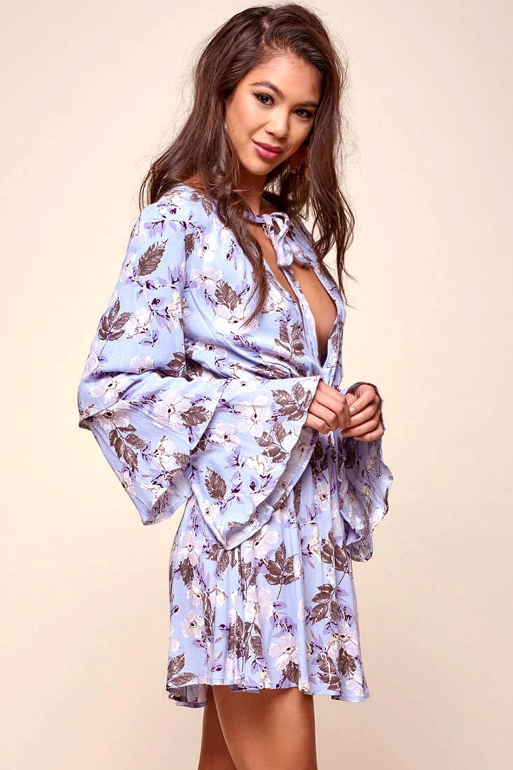 Marisol Deep V Tiered Bell Sleeve Dress Blue