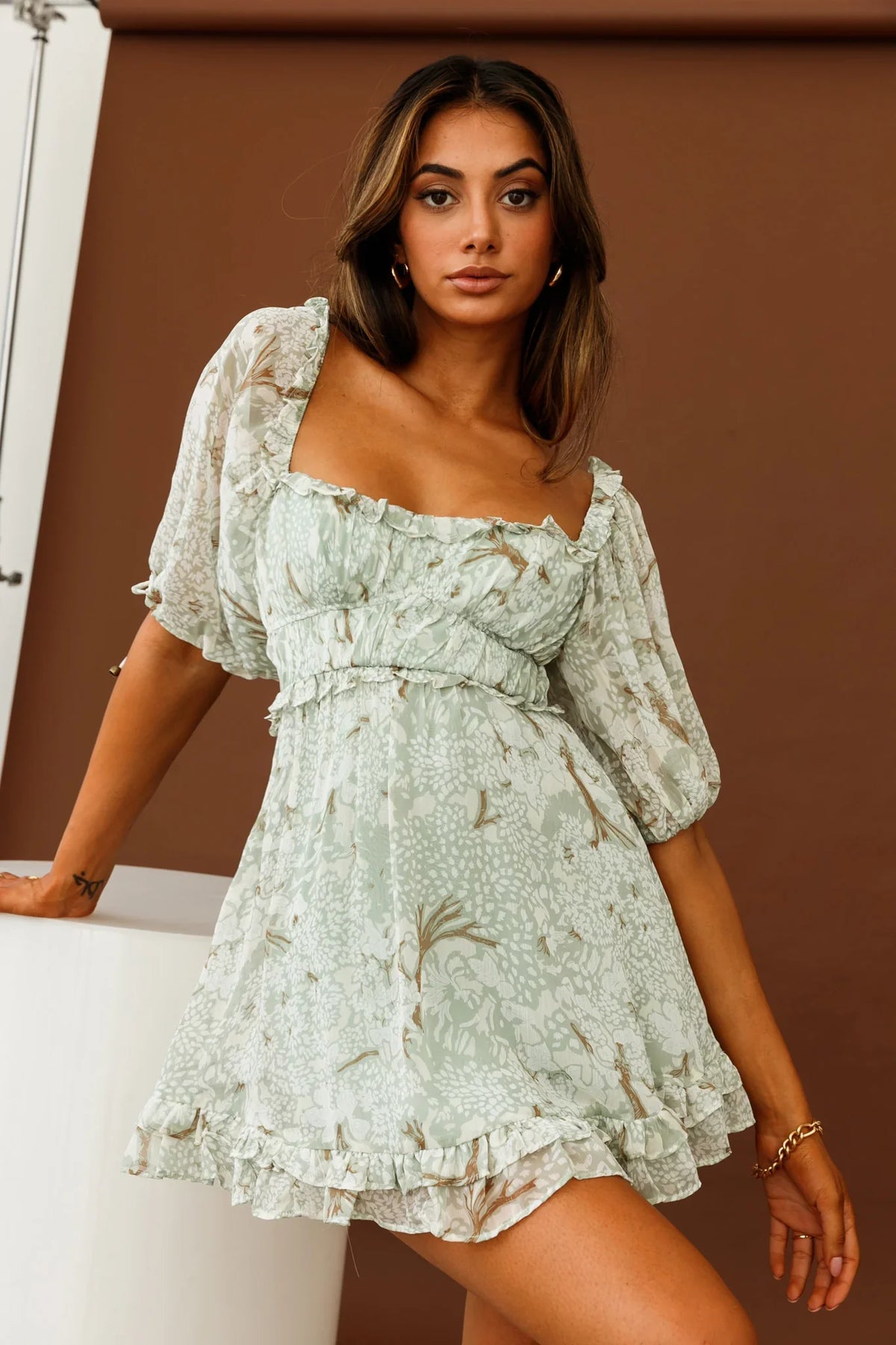 Kirra Puff Sleeve Ruched Bodice Dress Botanic Print Sage
