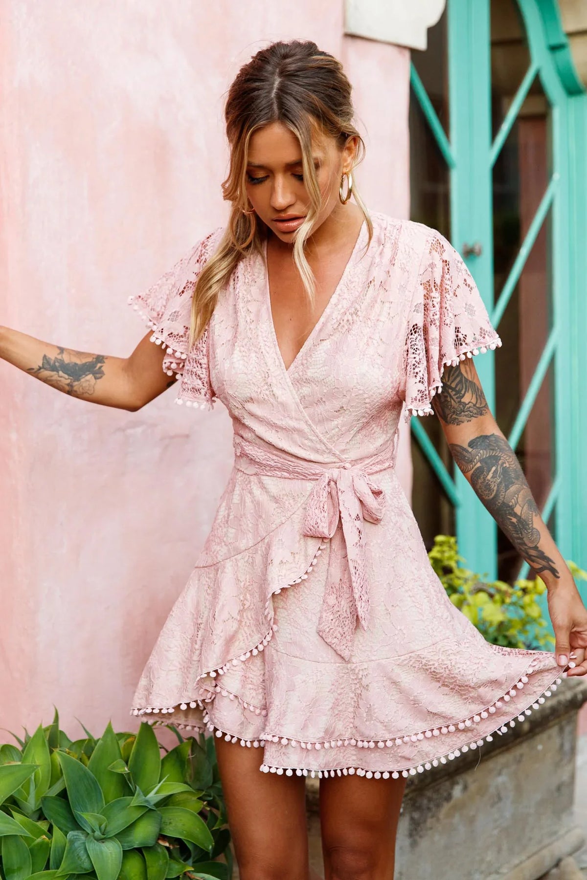 Cami Angel Sleeve Faux Wrap Dress Lace Blush