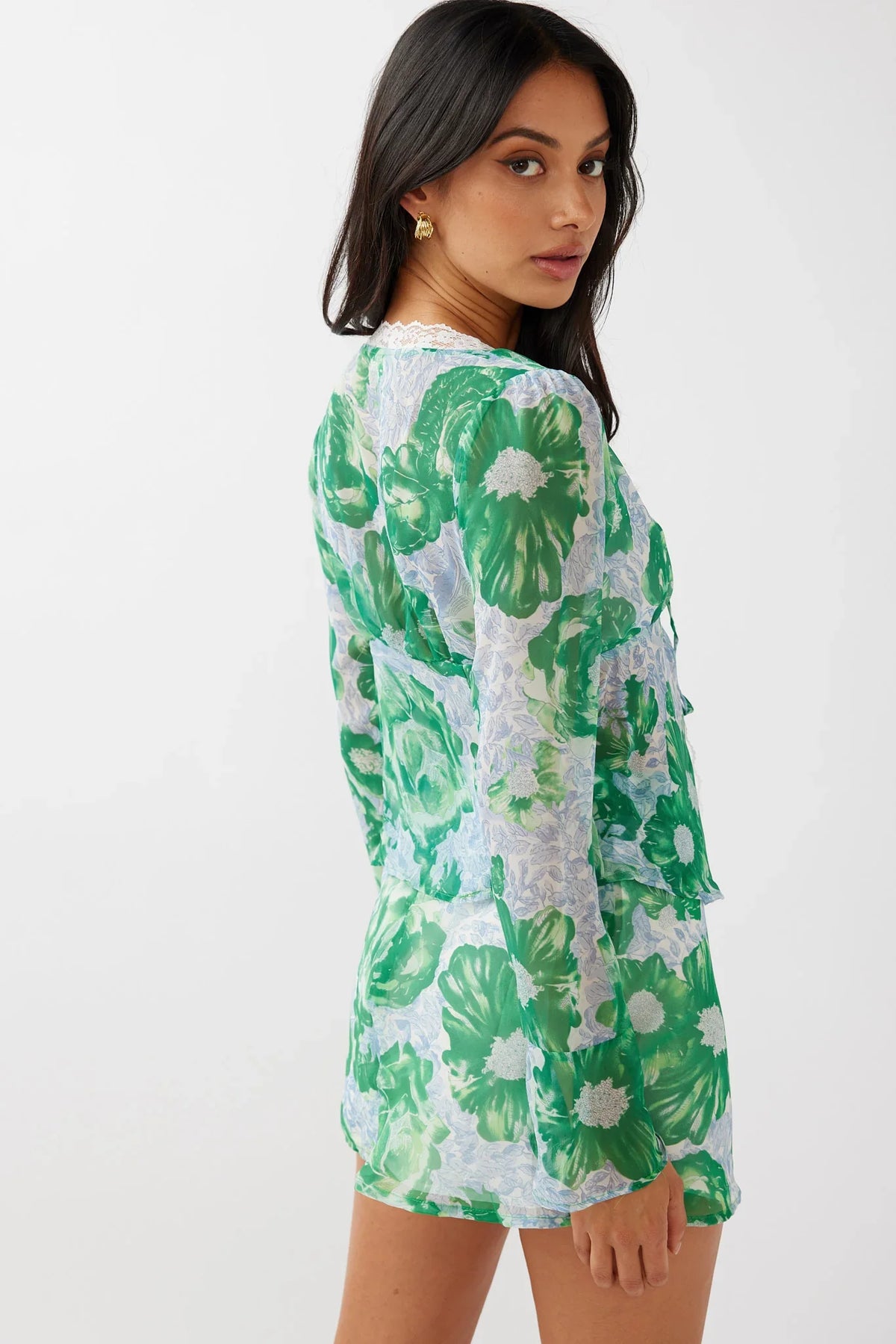 Sincerity Long Sleeve Tie Front Top Print Green