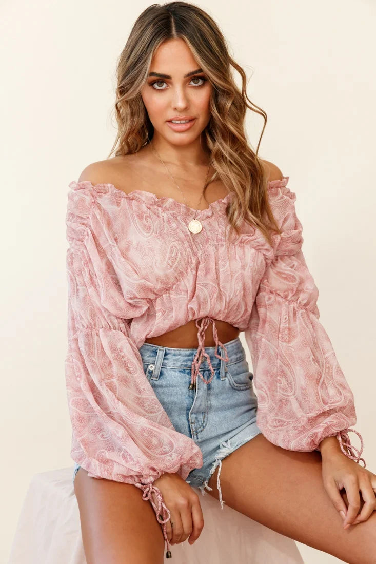 Beau Balloon Sleeve Drawstring Top Paisley Print Pink