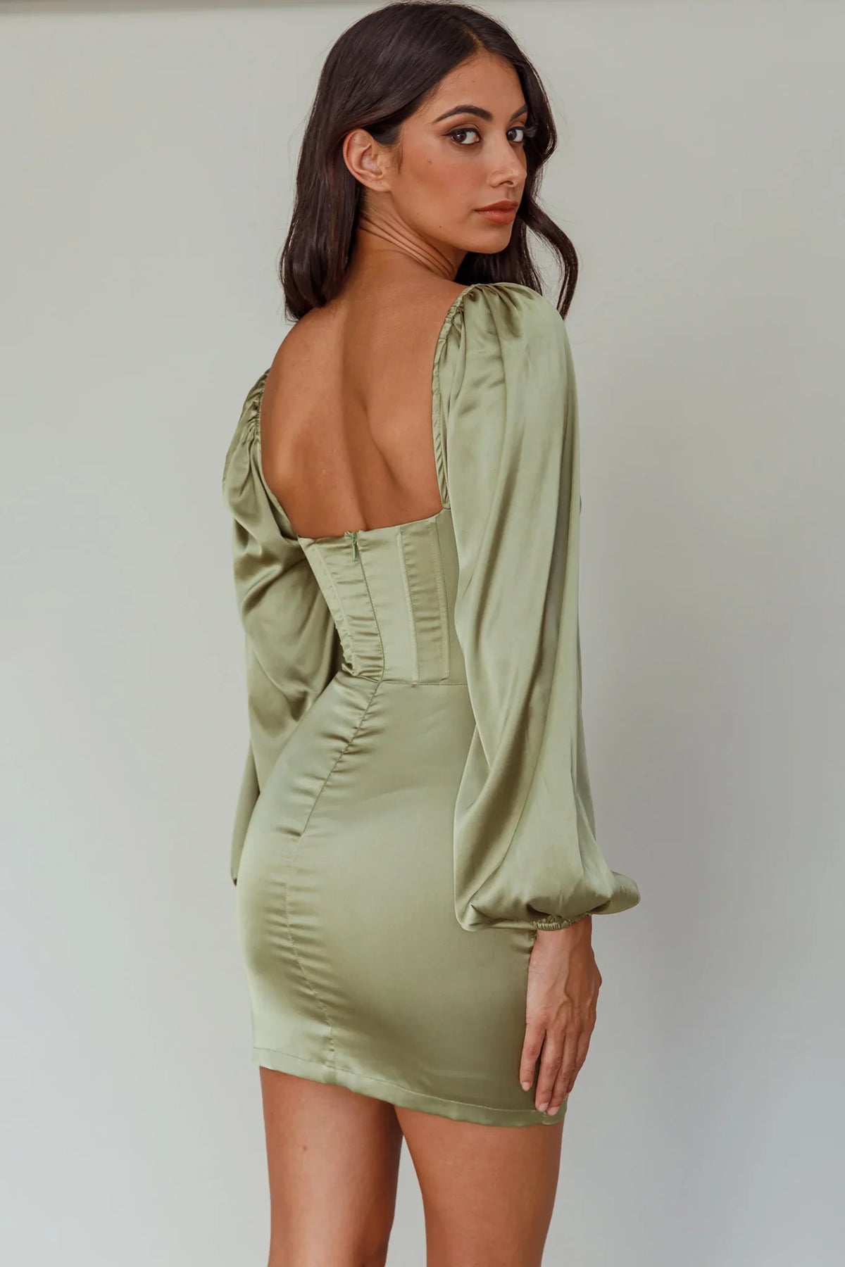 Au Revoir Long Sleeve Satin Mini Dress Sage