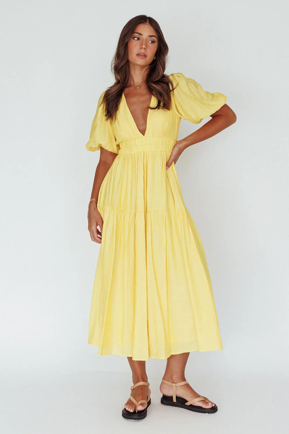 Summer Land V-Neckline Midi Dress Butter