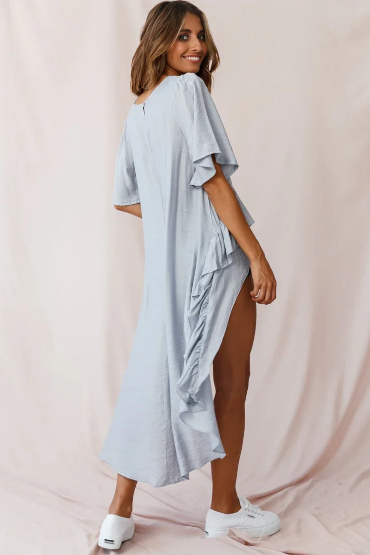 Kara High-Low Ruffle Trim Top Grey