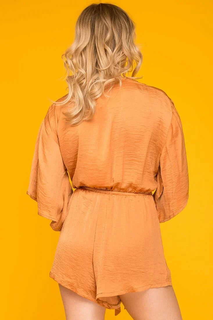 Serenity Wrap Around Bell Sleeve Romper Tan